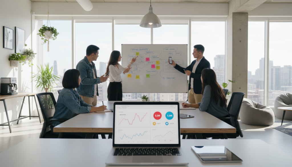 A modern workspace focused on TikTok engagement services, featuring a diverse group of professionals in smart casual attire while brainstorming in a brightly lit office. In the foreground, a laptop displays vibrant TikTok analytics, such as growth graphs and engagement metrics, with colorful icons representing likes, followers, and views. The middle ground showcases a large whiteboard filled with strategic planning notes and post-it ideas related to TikTok content. In the background, a stylish office with large windows letting in natural light, creating a productive atmosphere. The mood is dynamic and innovative, highlighting teamwork and the excitement of social media growth. Use a wide-angle lens for an immersive perspective, balanced lighting to ensure clarity and focus on details. A modern workspace focused on TikTok engagement services, featuring a diverse group of professionals in smart casual attire while brainstorming in a brightly lit office. In the foreground, a laptop displays vibrant TikTok analytics, such as growth graphs and engagement metrics, with colorful icons representing likes, followers, and views. The middle ground showcases a large whiteboard filled with strategic planning notes and post-it ideas related to TikTok content. In the background, a stylish office with large windows letting in natural light, creating a productive atmosphere. The mood is dynamic and innovative, highlighting teamwork and the excitement of social media growth. Use a wide-angle lens for an immersive perspective, balanced lighting to ensure clarity and focus on details.