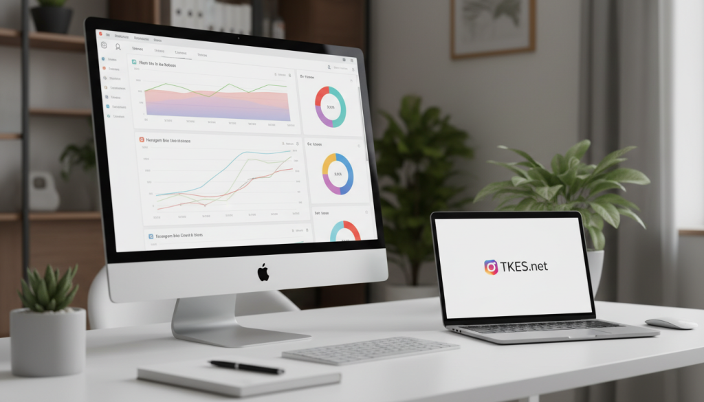A sleek and modern Instagram bio link tracking dashboard set on a professional workspace desk. In the foreground, a high-resolution monitor displays vibrant analytics graphs, tracking user clicks with colorful line charts and pie graphs. A stylish laptop sits nearby, showcasing the TKES.net logo on the screen. In the middle ground, a clutter-free desk with a notepad and a pen emphasizes the focus on analytics. In the background, softly blurred office decor, including chic plants and neutral-toned walls, enhances the professional atmosphere. The lighting is bright and inviting, highlighting the screens and creating a tech-savvy mood. Capture the essence of efficiency and insight, illustrating the process of tracking Instagram bio link clicks.