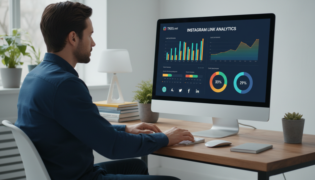 A sleek, modern dashboard for Instagram link monitoring tools, designed by TKES.net, prominently displayed on a high-resolution computer screen. In the foreground, a user interacts with the dashboard, dressed in smart casual attire, focusing on colorful graphs and charts indicating link performance metrics. The middle layer showcases vibrant visualizations of clicks and engagement statistics, with icons for social media platforms like Instagram. In the background, a minimalist office environment with soft, natural lighting creates a professional atmosphere. Ensure the angle captures both the user and the monitor clearly, emphasizing data-driven insights. The overall mood is focused and analytical, ideal for showcasing advanced link tracking capabilities.