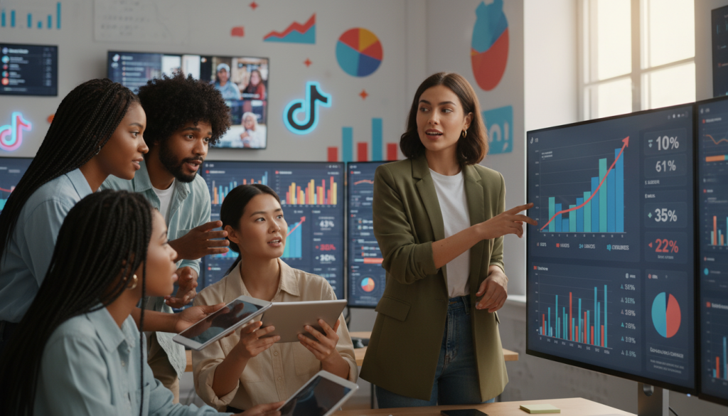 A vibrant digital workspace bustling with energy, showcasing a diverse group of young professionals analyzing TikTok metrics on multiple screens. In the foreground, a focused woman in smart casual attire points at a graph displaying increased likes and followers, her expression one of excitement and determination. In the middle, a diverse team collaborates, with diverse ethnicities represented, group members actively discussing strategies. In the background, colorful charts and TikTok logos adorn the walls, conveying a sense of modernity and innovation. Warm, natural lighting floods the room, creating an inviting and motivational atmosphere. The angle is slightly elevated, providing a comprehensive view of the dynamic workspace, capturing the passion and enthusiasm for enhancing TikTok visibility effectively. A vibrant digital workspace bustling with energy, showcasing a diverse group of young professionals analyzing TikTok metrics on multiple screens. In the foreground, a focused woman in smart casual attire points at a graph displaying increased likes and followers, her expression one of excitement and determination. In the middle, a diverse team collaborates, with diverse ethnicities represented, group members actively discussing strategies. In the background, colorful charts and TikTok logos adorn the walls, conveying a sense of modernity and innovation. Warm, natural lighting floods the room, creating an inviting and motivational atmosphere. The angle is slightly elevated, providing a comprehensive view of the dynamic workspace, capturing the passion and enthusiasm for enhancing TikTok visibility effectively.